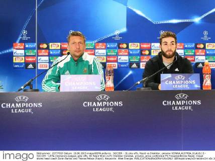 SOCCER - CL play offs, Rapid vs Shakhtar, preview VIENNA,AUSTRIA,18.AUG.15 - SOCCER - UEFA Champions League, play offs, SK Rapid Wien vs FC Shakhtar Donetsk, preview, press conference PK Pressekonferenz Rapid. Image shows head coach Zoran Barisic and Thanos Petsos (Rapid). Keywords: Wien Energie. GEPAxpictures xChristianxOrt