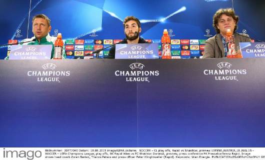 SOCCER - CL play offs, Rapid vs Shakhtar, preview VIENNA,AUSTRIA,18.AUG.15 - SOCCER - UEFA Champions League, play offs, SK Rapid Wien vs FC Shakhtar Donetsk, preview, press conference PK Pressekonferenz Rapid. Image shows head coach Zoran Barisic, Thanos Petsos and press officer Peter Klinglmueller (Rapid). Keywords: Wien Energie. GEPAxpictures xChristianxOrt