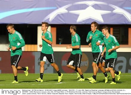 SOCCER - CL play offs, Rapid vs Shakhtar, preview VIENNA,AUSTRIA,18.AUG.15 - SOCCER - UEFA Champions League, play offs, SK Rapid Wien vs FC Shakhtar Donetsk, preview, final training Rapid. Image shows Christopher Dibon, Louis Schaub, Mario Pavelic, Stefan Nutz and Stephan Auer (Rapid). Keywords: Wien Energie. GEPAxpictures xChristianxOrt
