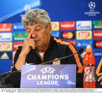 SOCCER - CL play offs, Rapid vs Shakhtar, preview VIENNA,AUSTRIA,18.AUG.15 - SOCCER - UEFA Champions League, play offs, SK Rapid Wien vs FC Shakhtar Donetsk, preview, press conference PK Pressekonferenz Shakhtar. Image shows head coach Mircea Lucescu (Donetsk). Keywords: Wien Energie. GEPAxpictures xChristianxOrt