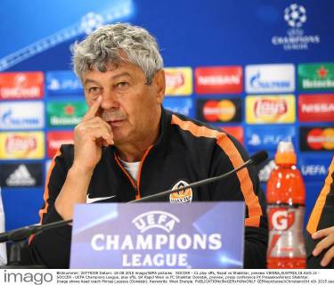 SOCCER - CL play offs, Rapid vs Shakhtar, preview VIENNA,AUSTRIA,18.AUG.15 - SOCCER - UEFA Champions League, play offs, SK Rapid Wien vs FC Shakhtar Donetsk, preview, press conference PK Pressekonferenz Shakhtar. Image shows head coach Mircea Lucescu (Donetsk). Keywords: Wien Energie. GEPAxpictures xChristianxOrt