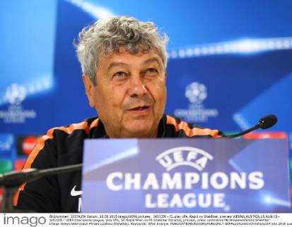 SOCCER - CL play offs, Rapid vs Shakhtar, preview VIENNA,AUSTRIA,18.AUG.15 - SOCCER - UEFA Champions League, play offs, SK Rapid Wien vs FC Shakhtar Donetsk, preview, press conference PK Pressekonferenz Shakhtar. Image shows head coach Mircea Lucescu (Donetsk). Keywords: Wien Energie. GEPAxpictures xChristianxOrt