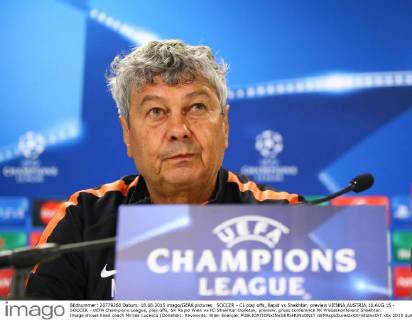 SOCCER - CL play offs, Rapid vs Shakhtar, preview VIENNA,AUSTRIA,18.AUG.15 - SOCCER - UEFA Champions League, play offs, SK Rapid Wien vs FC Shakhtar Donetsk, preview, press conference PK Pressekonferenz Shakhtar. Image shows head coach Mircea Lucescu (Donetsk). Keywords: Wien Energie. GEPAxpictures xChristianxOrt