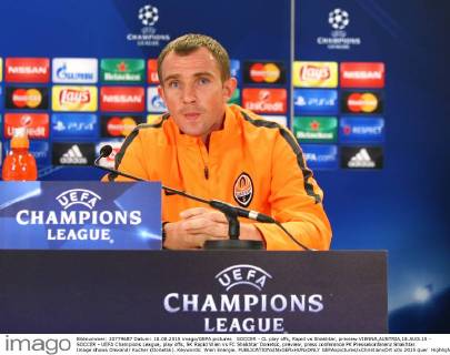 SOCCER - CL play offs, Rapid vs Shakhtar, preview VIENNA,AUSTRIA,18.AUG.15 - SOCCER - UEFA Champions League, play offs, SK Rapid Wien vs FC Shakhtar Donetsk, preview, press conference PK Pressekonferenz Shakhtar. Image shows Olexandr Kucher (Donetsk). Keywords: Wien Energie. GEPAxpictures xChristianxOrt