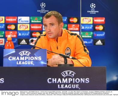 SOCCER - CL play offs, Rapid vs Shakhtar, preview VIENNA,AUSTRIA,18.AUG.15 - SOCCER - UEFA Champions League, play offs, SK Rapid Wien vs FC Shakhtar Donetsk, preview, press conference PK Pressekonferenz Shakhtar. Image shows Olexandr Kucher (Donetsk). Keywords: Wien Energie. GEPAxpictures xChristianxOrt