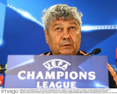SOCCER - CL play offs, Rapid vs Shakhtar, preview VIENNA,AUSTRIA,18.AUG.15 - SOCCER - UEFA Champions League, play offs, SK Rapid Wien vs FC Shakhtar Donetsk, preview, press conference PK Pressekonferenz Shakhtar. Image shows head coach Mircea Lucescu (Donetsk). Keywords: Wien Energie. GEPAxpictures xChristianxOrt