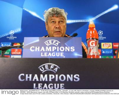 SOCCER - CL play offs, Rapid vs Shakhtar, preview VIENNA,AUSTRIA,18.AUG.15 - SOCCER - UEFA Champions League, play offs, SK Rapid Wien vs FC Shakhtar Donetsk, preview, press conference PK Pressekonferenz Shakhtar. Image shows head coach Mircea Lucescu (Donetsk). Keywords: Wien Energie. GEPAxpictures xChristianxOrt