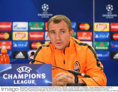 SOCCER - CL play offs, Rapid vs Shakhtar, preview VIENNA,AUSTRIA,18.AUG.15 - SOCCER - UEFA Champions League, play offs, SK Rapid Wien vs FC Shakhtar Donetsk, preview, press conference PK Pressekonferenz Shakhtar. Image shows Olexandr Kucher (Donetsk). Keywords: Wien Energie. GEPAxpictures xChristianxOrt