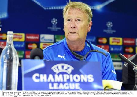 Aug. 18, 2015 - Glasgow, Scotland - Malmös Age Hareide - Champions League Quali, Pressekonferenz Malmö FF  - ZUMAb138
