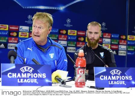 Aug. 18, 2015 - Glasgow, Scotland - Malmös Age Hareide, Jo Inge Berget - Champions League Quali, Pressekonferenz Malmö FF  - ZUMAb138
