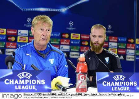 Aug. 18, 2015 - Glasgow, Scotland - Malmös Age Hareide, Jo Inge Berget - Champions League Quali, Pressekonferenz Malmö FF  - ZUMAb138