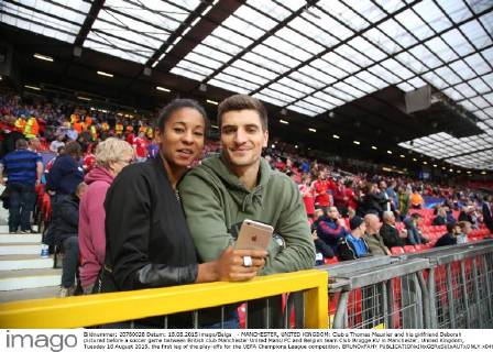 - MANCHESTER, UNITED KINGDOM: Club s Thomas Meunier and his girlfriend Deborah pictured before a soccer game between British club Manchester United ManU FC and Belgian team Club Brugge KV in Manchester, United Kingdom, Tuesday 18 August 2015, the first leg of the play-offs for the UEFA Champions League competition. BRUNOxFAHY x04682692x
