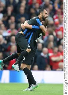 - MANCHESTER, UNITED KINGDOM: Club s Laurens De Bock and Club s Victor Vazquez Solsona celebrate after a goal during a soccer game between British club Manchester United ManU FC and Belgian team Club Brugge KV in Manchester, United Kingdom, Tuesday 18 August 2015, the first leg of the play-offs for the UEFA Champions League competition. BRUNOxFAHY x04682687x