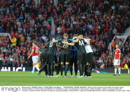 - MANCHESTER, UNITED KINGDOM: Club s players pictured at the start of a soccer game between British club Manchester United ManU FC and Belgian team Club Brugge KV in Manchester, United Kingdom, Tuesday 18 August 2015, the first leg of the play-offs for the UEFA Champions League competition. BRUNOxFAHY x04682690x