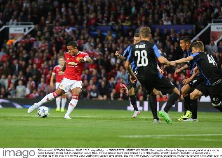 - MANCHESTER, UNITED KINGDOM: Manchester s Memphis Depay scores a goal during a soccer game between British club Manchester United ManU FC and Belgian team Club Brugge KV in Manchester, United Kingdom, Tuesday 18 August 2015, the first leg of the play-offs for the UEFA Champions League competition. BRUNOxFAHY  x04682696x