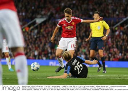 - MANCHESTER, UNITED KINGDOM: Manchester s Adnan Januzaj and Club s Rudy Ruud Vormer fight for the ball during a soccer game between British club Manchester United ManU FC and Belgian team Club Brugge KV in Manchester, United Kingdom, Tuesday 18 August 2015, the first leg of the play-offs for the UEFA Champions League competition. BRUNOxFAHY  x04682701x