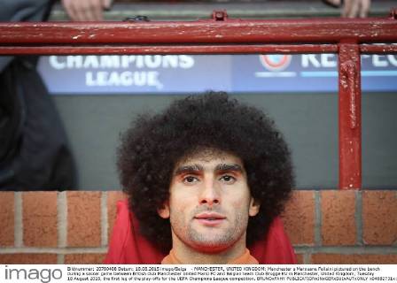 - MANCHESTER, UNITED KINGDOM: Manchester s Marouane Fellaini pictured on the bench during a soccer game between British club Manchester United ManU FC and Belgian team Club Brugge KV in Manchester, United Kingdom, Tuesday 18 August 2015, the first leg of the play-offs for the UEFA Champions League competition. BRUNOxFAHY  x04682731x