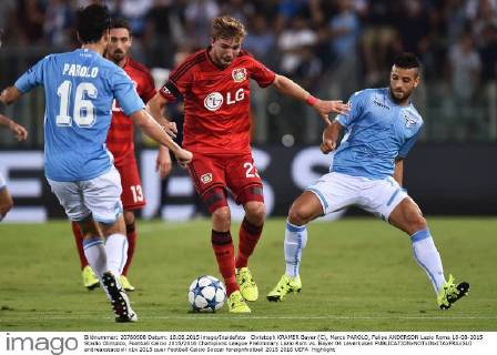 Christoph KRAMER Bayer (C), Marco PAROLO, Felipe ANDERSON Lazio Roma 18-08-2015 Stadio Olimpico, Football Calcio 2015 2016 Champions League Preliminary Lazio Rom vs. Bayer 04 Leverkusen andreaxstaccioli