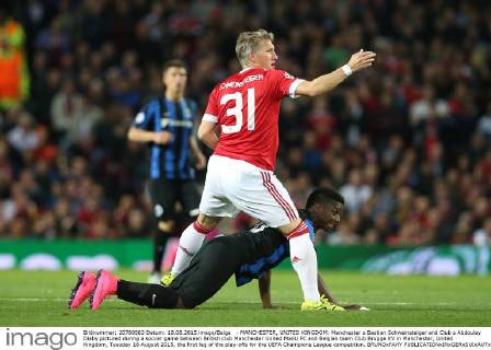 - MANCHESTER, UNITED KINGDOM: Manchester s Bastian Schweinsteiger and Club s Abdoulay Diaby pictured during a soccer game between British club Manchester United ManU FC and Belgian team Club Brugge KV in Manchester, United Kingdom, Tuesday 18 August 2015, the first leg of the play-offs for the UEFA Champions League competition. BRUNOxFAHY  x04682737x