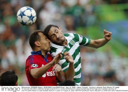 Aug. 18, 2015 - Lisbon, Portugal - Sporting s defender Paulo Oliveira (R) heads for the ball with CSKA s defender Sergey Ignashevich (L) during the Champions League football play-off first leg match between Sporting CP and PFC CSKA Moscow at Jose Alvalade Stadium in Lisbon on August 18, 2015. NURPHOTO CARLOS PALMA. FBL-EUR-C1-SPORTING-CSKA - ZUMAn230