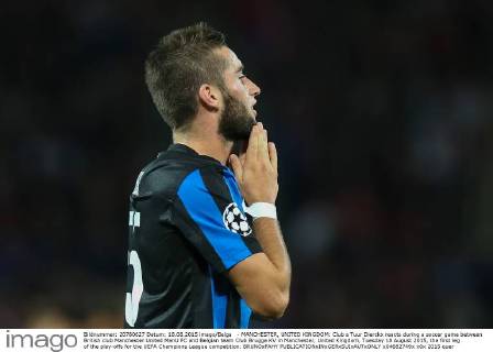 - MANCHESTER, UNITED KINGDOM: Club s Tuur Dierckx reacts during a soccer game between British club Manchester United ManU FC and Belgian team Club Brugge KV in Manchester, United Kingdom, Tuesday 18 August 2015, the first leg of the play-offs for the UEFA Champions League competition. BRUNOxFAHY x04682749x
