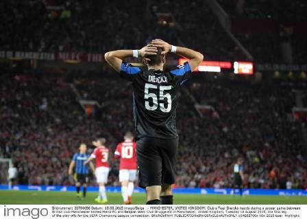 - MANCHESTER, UNITED KINGDOM: Club s Tuur Dierckx reacts during a soccer game between British club Manchester United ManU FC and Belgian team Club Brugge KV in Manchester, United Kingdom, Tuesday 18 August 2015, the first leg of the play-offs for the UEFA Champions League competition. BRUNOxFAHY x04682760x