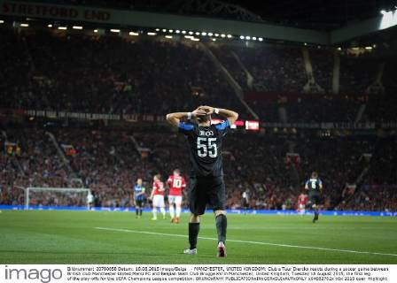 - MANCHESTER, UNITED KINGDOM: Club s Tuur Dierckx reacts during a soccer game between British club Manchester United ManU FC and Belgian team Club Brugge KV in Manchester, United Kingdom, Tuesday 18 August 2015, the first leg of the play-offs for the UEFA Champions League competition. BRUNOxFAHY x04682762x