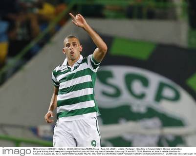 Aug. 18, 2015 - Lisbon, Portugal - Sporting s forward Islam Slimani celebrates his goal during the Champions League football play-off first leg match between Sporting CP and PFC CSKA Moscow at Jose Alvalade Stadium in Lisbon on August 18, 2015. NURPHOTO CARLOS PALMA. FBL-EUR-C1-SPORTING-CSKA - ZUMAn230