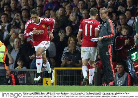 Javier Hernandez of Manchester United ManU comes on as a substitute for Adnan Januzi - Manchester United vs. Club Brugge - UEFA Champion s League Play Off - Old Trafford - Manchester - 18 08 2015 Pic Philip Oldham SportImage EDITORIAL USE ONLY. No use with unauthorised audio, video, data, fixture lists, club league logos or live services. Online in-match use limited to 120 images, no video emulation. No use in betting, games or single club league player publications.