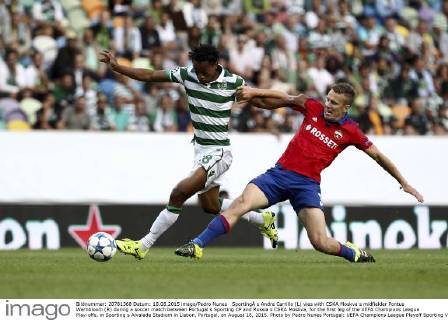 SportingÂ s Andre Carrillo (L) vies with CSKA Moskva s midfielder Pontus Wernbloom (R) during a soccer match between Portugal s Sporting CP and Russia s CSKA Moskva, for the first leg of the UEFA Champions League Play-offs, in Sporting s Alvalade Stadium in Lisbon, Portugal, on August 18, 2015. Photo by Pedro Nunes Portugal: UEFA Champions League Playoff Sporting Vs CSKA Moskva 