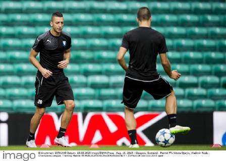 Aug. 18, 2015 - Glasgow, Scotland - Malmö FFs Nikola Djurjic, Vladimir Rodic - Champions League, Training Malmö FF - ZUMAb138