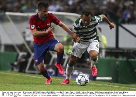 Aug. 18, 2015 - Lisbon, Portugal - CSKA Moskva s midfielder Zoran Tosic (L) vies with Sporting s defender Jefferson Nascimento (R) during a soccer match between Portugal s Sporting CP and Russia s CSKA Moskva, for the first leg of the UEFA Champions League Play-offs, in Sporting s Alvalade Stadium in Lisbon, Portugal, on August 18, 2015. Portugal: UEFA Champions League Playoff Sporting Vs CSKA Moskva - ZUMAn272