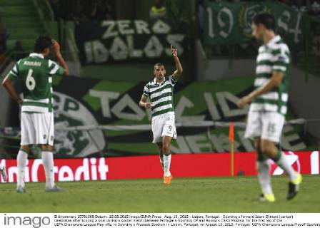 Aug. 18, 2015 - Lisbon, Portugal - Sporting s forward Islam Slimani (center) celebrates after scoring a goal during a soccer match between Portugal s Sporting CP and Russia s CSKA Moskva, for the first leg of the UEFA Champions League Play-offs, in Sporting s Alvalade Stadium in Lisbon, Portugal, on August 18, 2015. Portugal: UEFA Champions League Playoff Sporting Vs CSKA Moskva - ZUMAn272