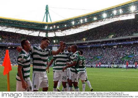 Aug. 18, 2015 - Lisbon, Portugal - Sporting s forward Tefilo Gutirrez (C ) celebrates with teammates after scoring during the UEFA Champions League football match between Sporting CP and PFC CSKA Moskva, Play-off, First leg, at Alvalade stadium in Lisbon, Portugal on August 18, 2015. UEFA Champions League SPORTING-CSKA - ZUMAn230