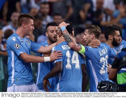 Fussball International Champions League Saison 2015 2016 Qualifikation 18.08.2015 Lazio Rom - Bayer 04 Leverkusen JUBEL Lazio Rom; Sergej Milinkovic-Savic, Felipe Anderson, Torschuetze zum 1-0 Balde Diao Keita, Lucas Biglia und Antonio Candreva (v.li.) 