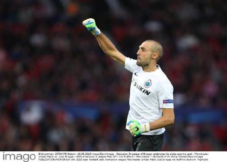 Sebastien Bruzzese of Brugge celebrates his sides opening goal - Manchester United ManU vs. Club Brugge - UEFA Champion s League Play Off - Old Trafford - Manchester - 18 08 2015 Pic Philip Oldham SportImage EDITORIAL USE ONLY. No use with unauthorised audio, video, data, fixture lists, club league logos or live services. Online in-match use limited to 120 images, no video emulation. No use in betting, games or single club league player publications.