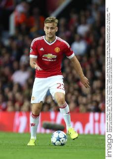 Luke Shaw of Manchester United ManU - Manchester United vs. Club Brugge - UEFA Champion s League Play Off - Old Trafford - Manchester - 18 08 2015 Pic Philip Oldham SportImage EDITORIAL USE ONLY. No use with unauthorised audio, video, data, fixture lists, club league logos or live services. Online in-match use limited to 120 images, no video emulation. No use in betting, games or single club league player publications.