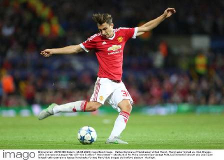 Matteo Darmian of Manchester United ManU - Manchester United vs. Club Brugge - UEFA Champion s League Play Off - Old Trafford - Manchester - 18 08 2015 Pic Philip Oldham SportImage EDITORIAL USE ONLY. No use with unauthorised audio, video, data, fixture lists, club league logos or live services. Online in-match use limited to 120 images, no video emulation. No use in betting, games or single club league player publications.