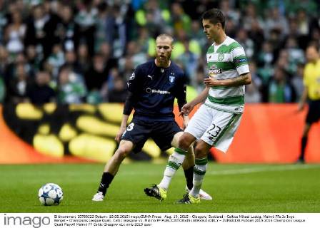 Aug. 19, 2015 - Glasgow, Scotland - Celtics Mikael Lustig, Malmö FFs Jo Inge Berget - Champions League Quali, Celtic Glasgow vs. Malmö FF - ZUMAb138