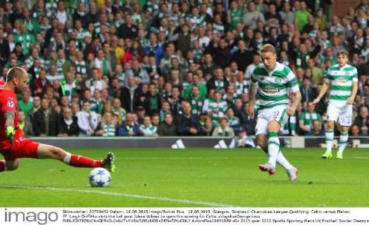 19.08.2015. Glasgow, Scotland. Champions League Qualifying. Celtic versus Malmo FF. Leigh Griffiths slots the ball past Johan Wiland to open the scoring for Celtic xVagelisxGeorgarioux  ActionPlus11651080