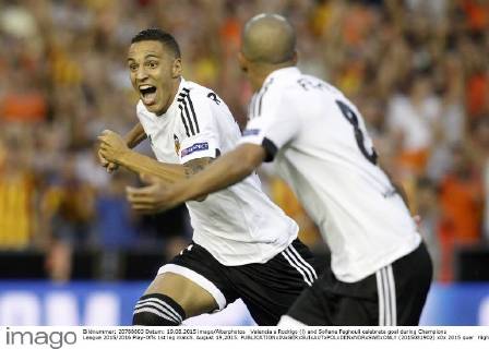 Valencia s Rodrigo (l) and Sofiane Feghouli celebrate goal during Champions League 2015 2016 Play-Offs 1st leg match. August 19,2015.  (2015081902)