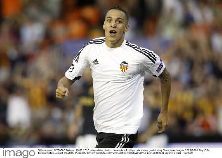 Valencia s Rodrigo celebrates goal during Champions League 2015 2016 Play-Offs 1st leg match. August 19,2015.  (2015081904)