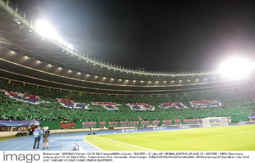 SOCCER - CL play off, VIENNA,AUSTRIA,19.AUG.15 - SOCCER - UEFA Champions League, play off, SK Rapid Wien. Image shows fans. Keywords: Wien Energie. GEPAxpictures xPhilippxBrem