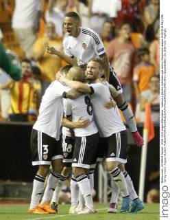 Valencia s players celebrate goal during Champions League 2015 2016 Play-Offs 1st leg match. August 19,2015. (2015081956)