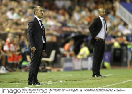 Valencia s coach Nuno Espirito Santo (r) and AS Monaco FC s coach Leoanrdo Jardim during Champions League 2015 2016 Play-Offs 1st leg match. August 19,2015.  (2015081967)