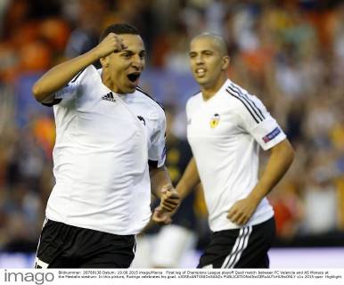 First leg of Champions League playoff Quali match between FC Valencia and AS Monaco at the Mestalla stadium. In this picture, Rodrigo celebrates his goal. xJOSExANTONIOxSANZx