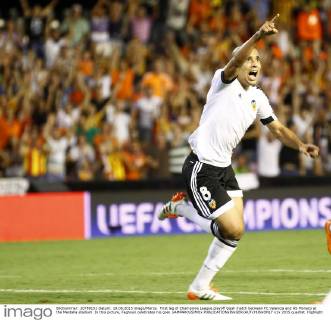 First leg of Champions League playoff Quali match between FC Valencia and AS Monaco at the Mestalla stadium. In this picture, Feghouli celebrates his goal. xAMPAROxSIMOx
