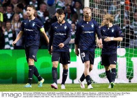 Aug. 19, 2015 - Glasgow, Skottland - 150819 Malmö FFs Kari Arnason, Erdal Rakip Jo Inge Berget och Oscar Lewicki deppar efter 2-0 under fotbollsmatchen mellan Celtic och Malmö FF i kvalet till Champions League den 19 augusti 2015 i Glasgow..Foto: News - Aug. 19, 2015  - ZUMAb138