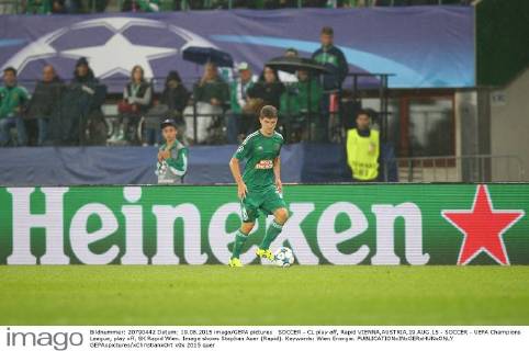 SOCCER - CL play off, Rapid VIENNA,AUSTRIA,19.AUG.15 - SOCCER - UEFA Champions League, play off, SK Rapid Wien. Image shows Stephan Auer (Rapid). Keywords: Wien Energie. GEPAxpictures xChristianxOrt