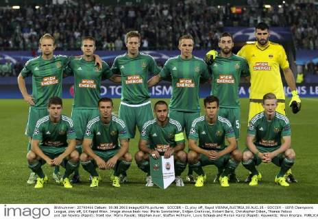 SOCCER - CL play off, Rapid VIENNA,AUSTRIA,19.AUG.15 - SOCCER - UEFA Champions League, play off, SK Rapid Wien. Image shows back row: Mario Sonnleitner, Srdjan Grahovac, Robert Beric, Christopher Dibon, Thanos Petsos and Jan Novota (Rapid); front row: Mario Pavelic, Stephan Auer, Steffen Hofmann, Louis Schaub and Florian Kainz (Rapid). Keywords: Wien Energie. GEPAxpictures xPhilippxBrem